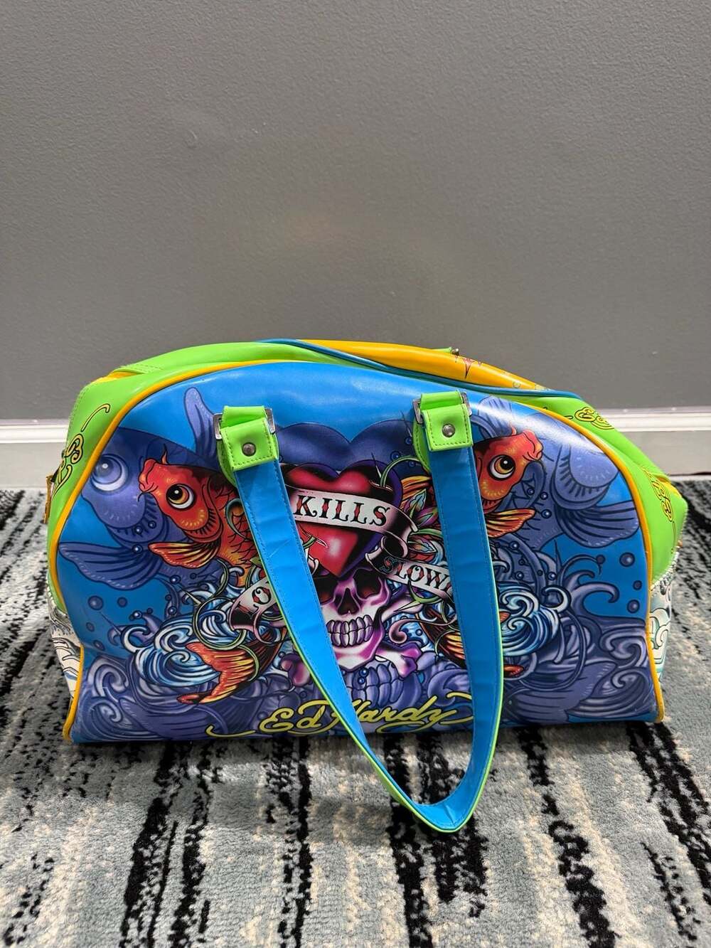 Ed Hardy Love Kills Slowly Tattoo Art Multi-Color Bowling Bag Duffle Handbag Y2K